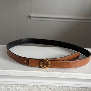 Tory Burch Tan and Black Leather Belt with Gold Buckle